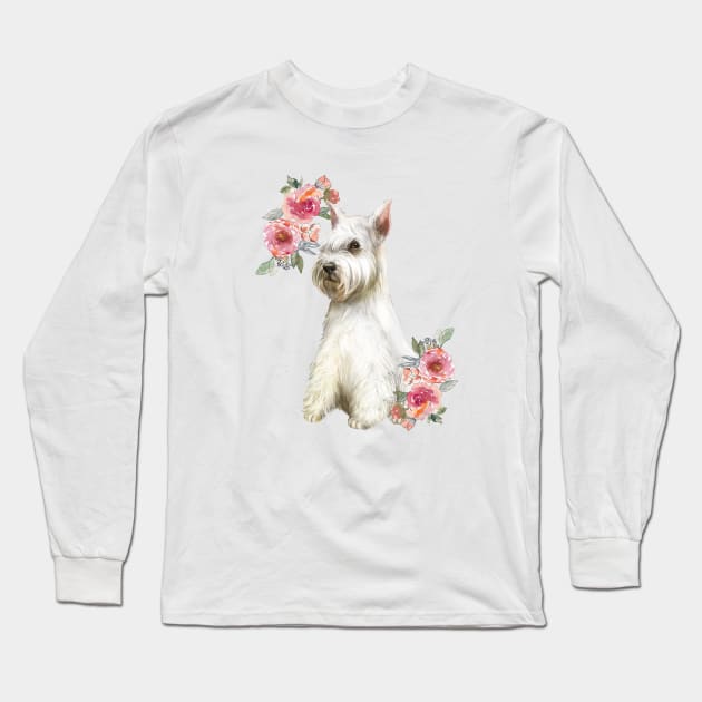 Cute White Schnauzer with Flowers Watercolor Art Long Sleeve T-Shirt by AdrianaHolmesArt